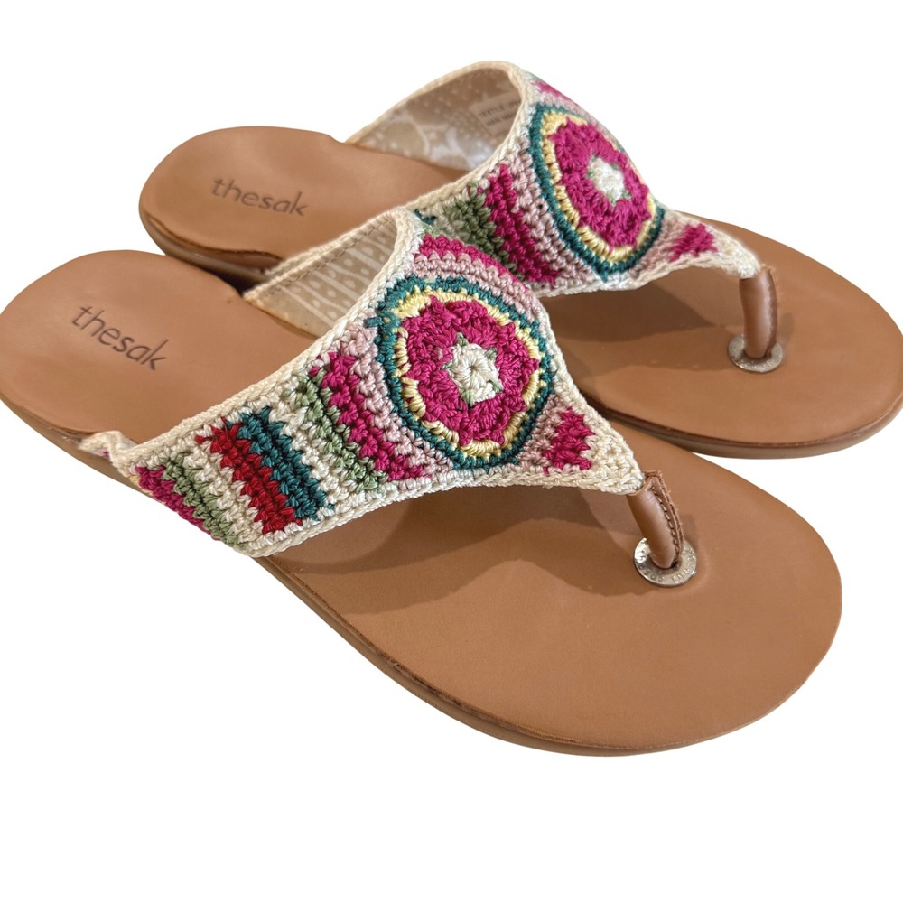 The Sak Women's Shana‎ Sandals Size 8 Crochet Thong Boho Colorful Flower Shoes